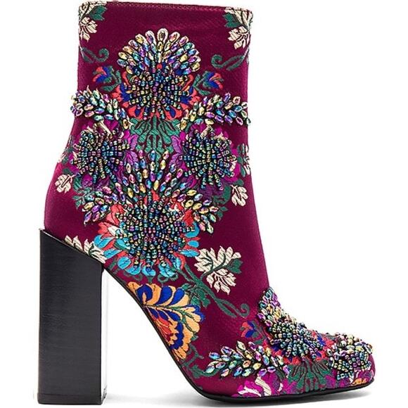 Jeffery Campbell Beaded Stratford Chunky Heel Boot 8 Wine Multi Floral Brocade - Picture 1 of 5